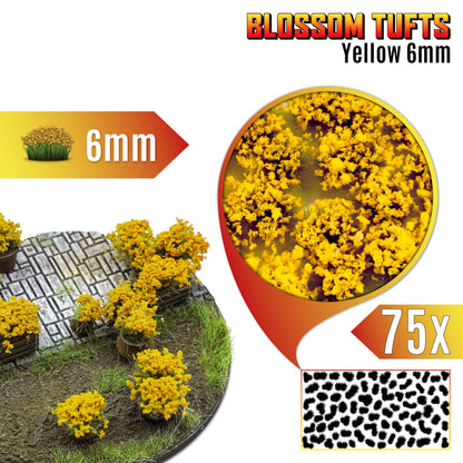 Blossom Tufts 6mm Yellow Flowers Green Stuff World - podstawka fantasy z żółtymi krzewami kwiatowymi, zbliżenie na teksturę kępek i układ 75 sztuk na arkuszu
