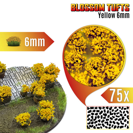 Blossom Tufts 6mm Yellow Flowers Green Stuff World - podstawka fantasy z żółtymi krzewami kwiatowymi, zbliżenie na teksturę kępek i układ 75 sztuk na arkuszu
