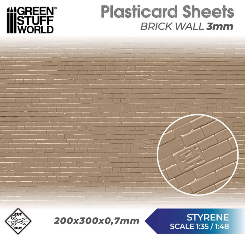 Plasticard Brick Walls 3mm – arkusz styrenu z teksturą ceglanego muru, wymiary 200x300x0,7mm, skala 1:35/1:48 | Green Stuff World
