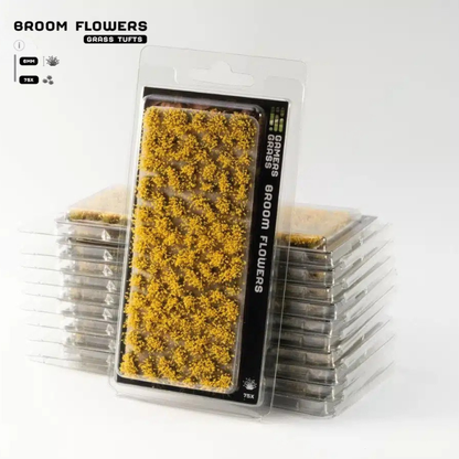 Broom Flowers 6mm Gamers Grass - opakowanie blister ze stosem produktów, widok z przodu z arkuszem 75 żółtych kępek kwiatowych janowca i oznaczeniem 6mm 75x
