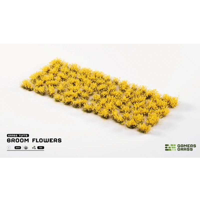 Broom Flowers 6mm Gamers Grass - arkusz kępek kwiatowych na białym tle z logo Gamers Grass i opisem produktu: Grass Tufts 6mm 75x
