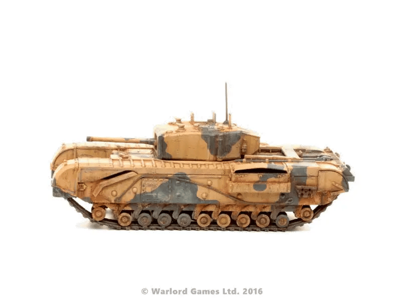Churchill Tank - Bolt Action 28mm - kamuflaż pustynny North Africa 75mm gun widok z boku - Warlord Games