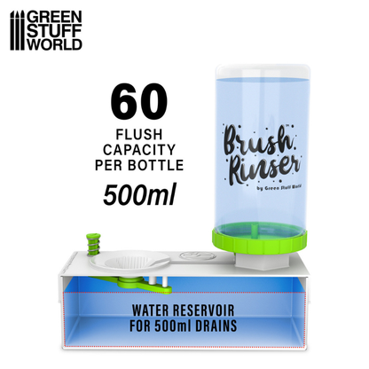 Brush Rinser Bottle 500ml Green - infografika: 60 płukań, zbiornik 500ml, zielona nakrętka adapter | Green Stuff World
