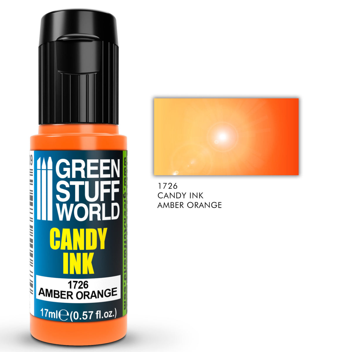 Candy Ink Amber Orange Green Stuff World – butelka dropper 17ml z transparentnym tuszem akrylowym w kolorze pomarańczy bursztynowej, obok próbka koloru z efektem połysku gloss i opisem "1726 Candy Ink Amber Orange", logo GSW
