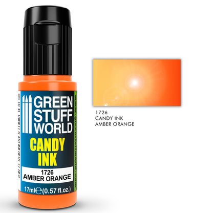 Candy Ink Amber Orange Green Stuff World – butelka dropper 17ml z transparentnym tuszem akrylowym w kolorze pomarańczy bursztynowej, obok próbka koloru z efektem połysku gloss i opisem "1726 Candy Ink Amber Orange", logo GSW
