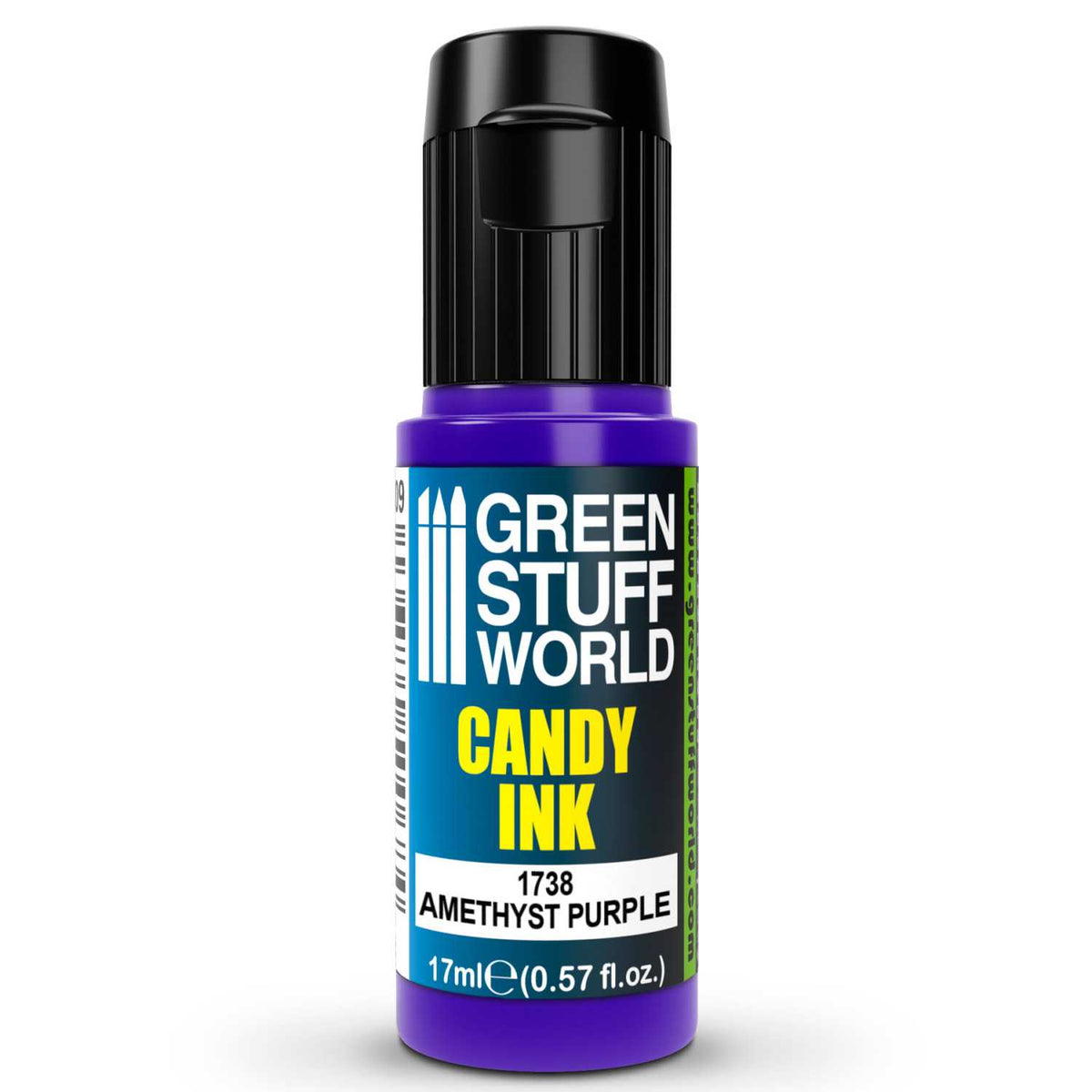Candy Ink Amethyst Purple Green Stuff World – butelka dropper 17ml z transparentnym tuszem akrylowym w kolorze fioletu ametystowego, widok z przodu, napis "Candy Ink 1738 Amethyst Purple", pojemność 17ml (0,57 fl.oz.), logo GSW
