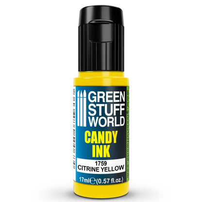 Candy Ink Citrine Yellow Green Stuff World – butelka dropper 17ml z transparentnym tuszem akrylowym w kolorze żółci cytrynowej, widok z przodu, napis "Candy Ink 1759 Citrine Yellow", pojemność 17ml (0,57 fl.oz.), logo GSW
