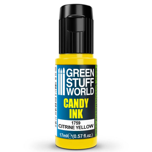 Candy Ink Citrine Yellow Green Stuff World – butelka dropper 17ml z transparentnym tuszem akrylowym w kolorze żółci cytrynowej, widok z przodu, napis "Candy Ink 1759 Citrine Yellow", pojemność 17ml (0,57 fl.oz.), logo GSW

