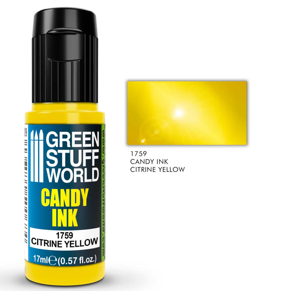 Candy Ink Citrine Yellow Green Stuff World – butelka dropper 17ml z transparentnym tuszem akrylowym w kolorze żółci cytrynowej, obok próbka koloru z efektem połysku gloss i opisem "1759 Candy Ink Citrine Yellow", logo GSW
