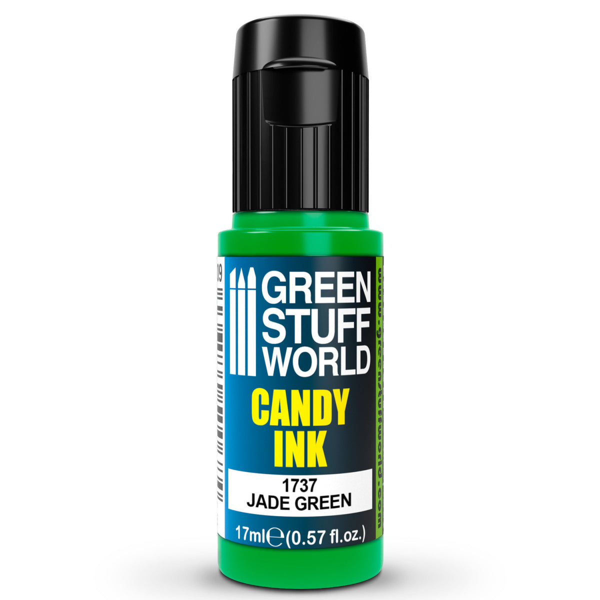 Candy Ink Jade Green Green Stuff World – butelka dropper 17ml z transparentnym tuszem akrylowym w kolorze zieleni jadeitowej, widok z przodu, napis "Candy Ink Jade Green 1737", pojemność 17ml (0,57 fl.oz.), logo GSW
