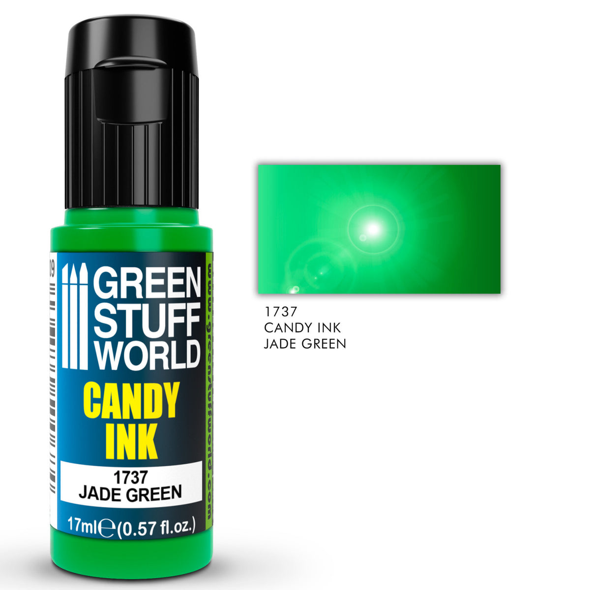 Candy Ink Jade Green Green Stuff World – butelka dropper 17ml z transparentnym tuszem akrylowym w kolorze zieleni jadeitowej, obok próbka koloru z efektem połysku gloss i opisem "1737 Candy Ink Jade Green", logo GSW
