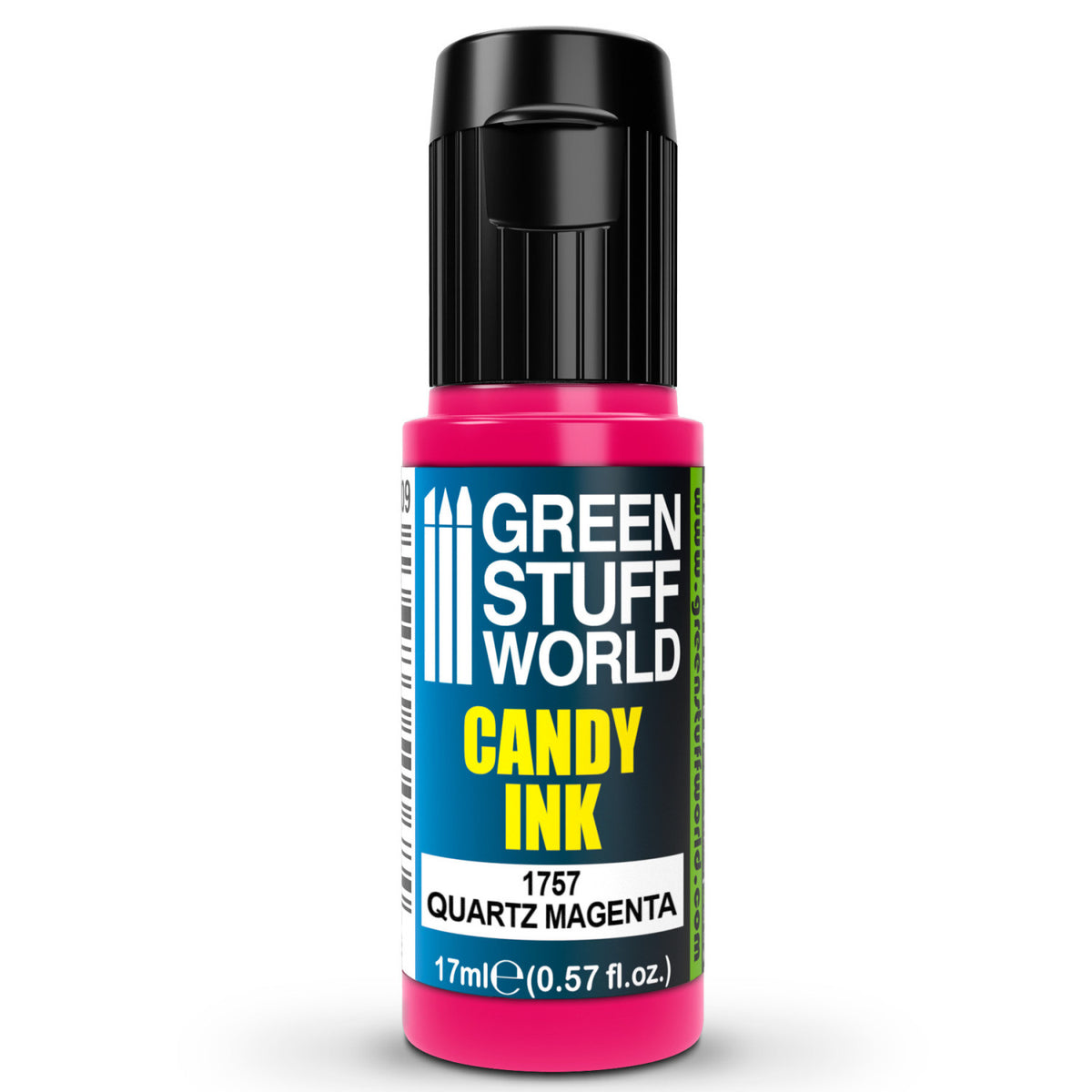 Candy Ink Quartz Magenta Green Stuff World – butelka dropper 17ml z transparentnym tuszem akrylowym w kolorze różu kwarcowego, widok z przodu, napis "Candy Ink 1757 Quartz Magenta", pojemność 17ml (0,57 fl.oz.), logo GSW
