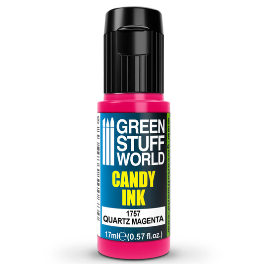 Candy Ink Quartz Magenta Green Stuff World – butelka dropper 17ml z transparentnym tuszem akrylowym w kolorze różu kwarcowego, widok z przodu, napis "Candy Ink 1757 Quartz Magenta", pojemność 17ml (0,57 fl.oz.), logo GSW
