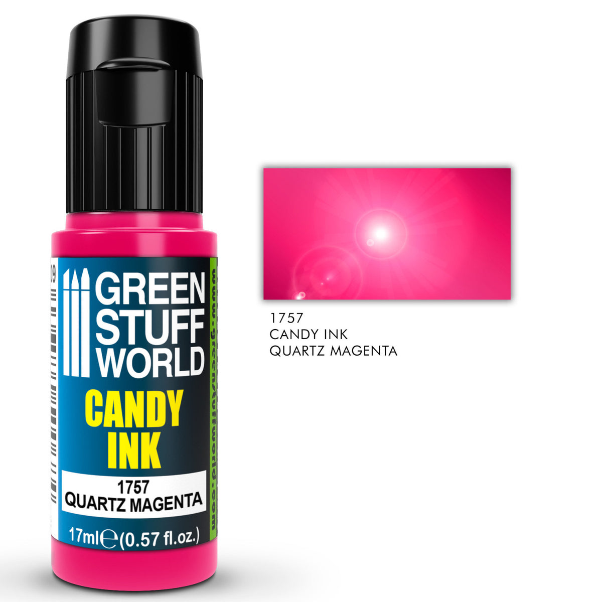 Candy Ink Quartz Magenta Green Stuff World – butelka dropper 17ml z transparentnym tuszem akrylowym w kolorze różu kwarcowego, obok próbka koloru z efektem połysku gloss i opisem "1757 Candy Ink Quartz Magenta", logo GSW
