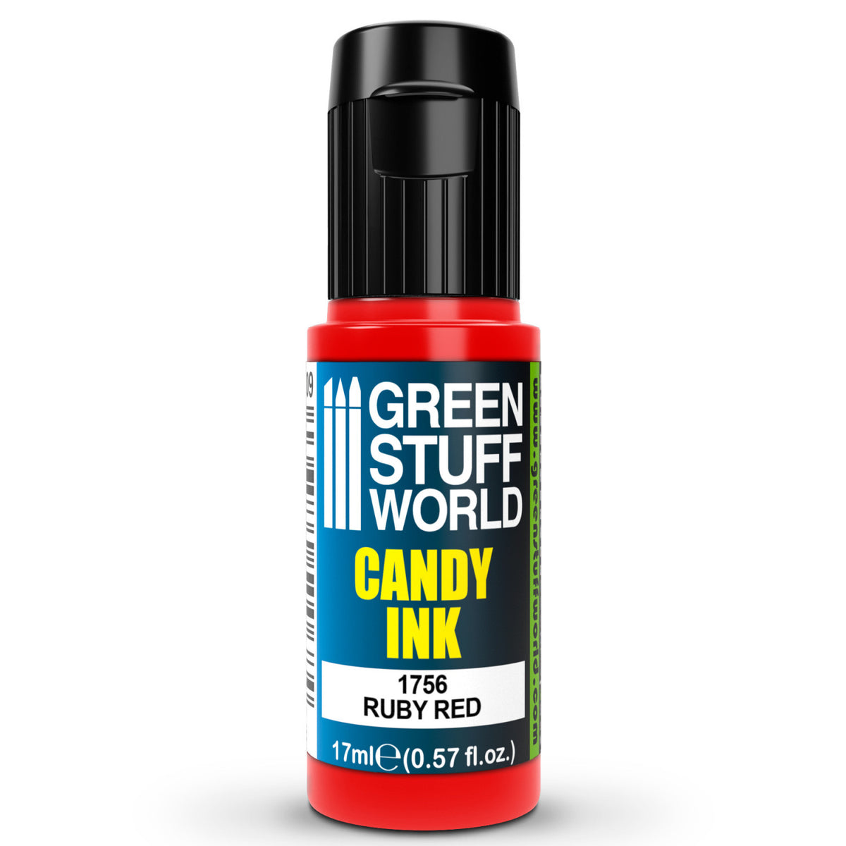 Candy Ink Ruby Red Green Stuff World – butelka dropper 17ml z transparentnym tuszem akrylowym w kolorze czerwieni rubinowej, widok z przodu, napis "Candy Ink 1756 Ruby Red", pojemność 17ml (0,57 fl.oz.), logo GSW
