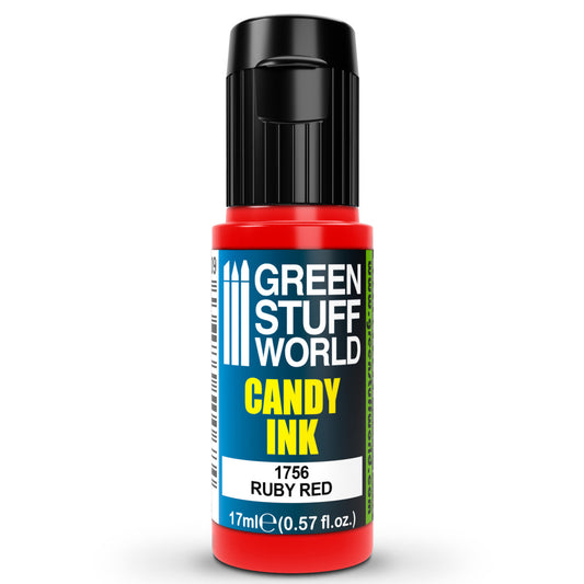 Candy Ink Ruby Red Green Stuff World – butelka dropper 17ml z transparentnym tuszem akrylowym w kolorze czerwieni rubinowej, widok z przodu, napis "Candy Ink 1756 Ruby Red", pojemność 17ml (0,57 fl.oz.), logo GSW
