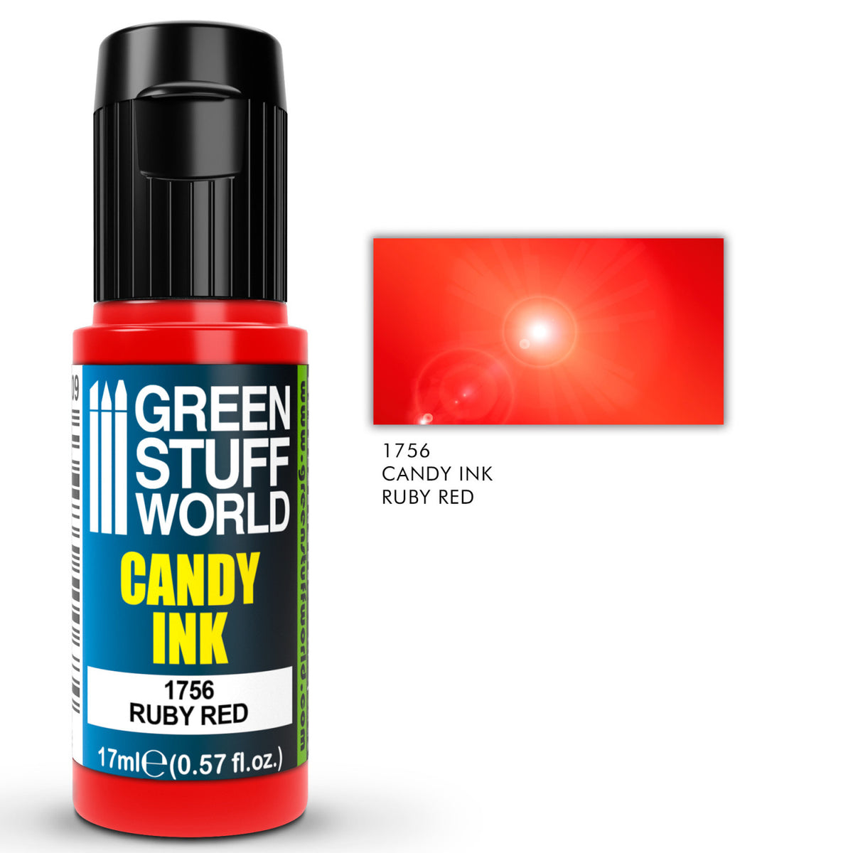 Candy Ink Ruby Red Green Stuff World – butelka dropper 17ml z transparentnym tuszem akrylowym w kolorze czerwieni rubinowej, obok próbka koloru z efektem połysku gloss i opisem "1756 Candy Ink Ruby Red", logo GSW
