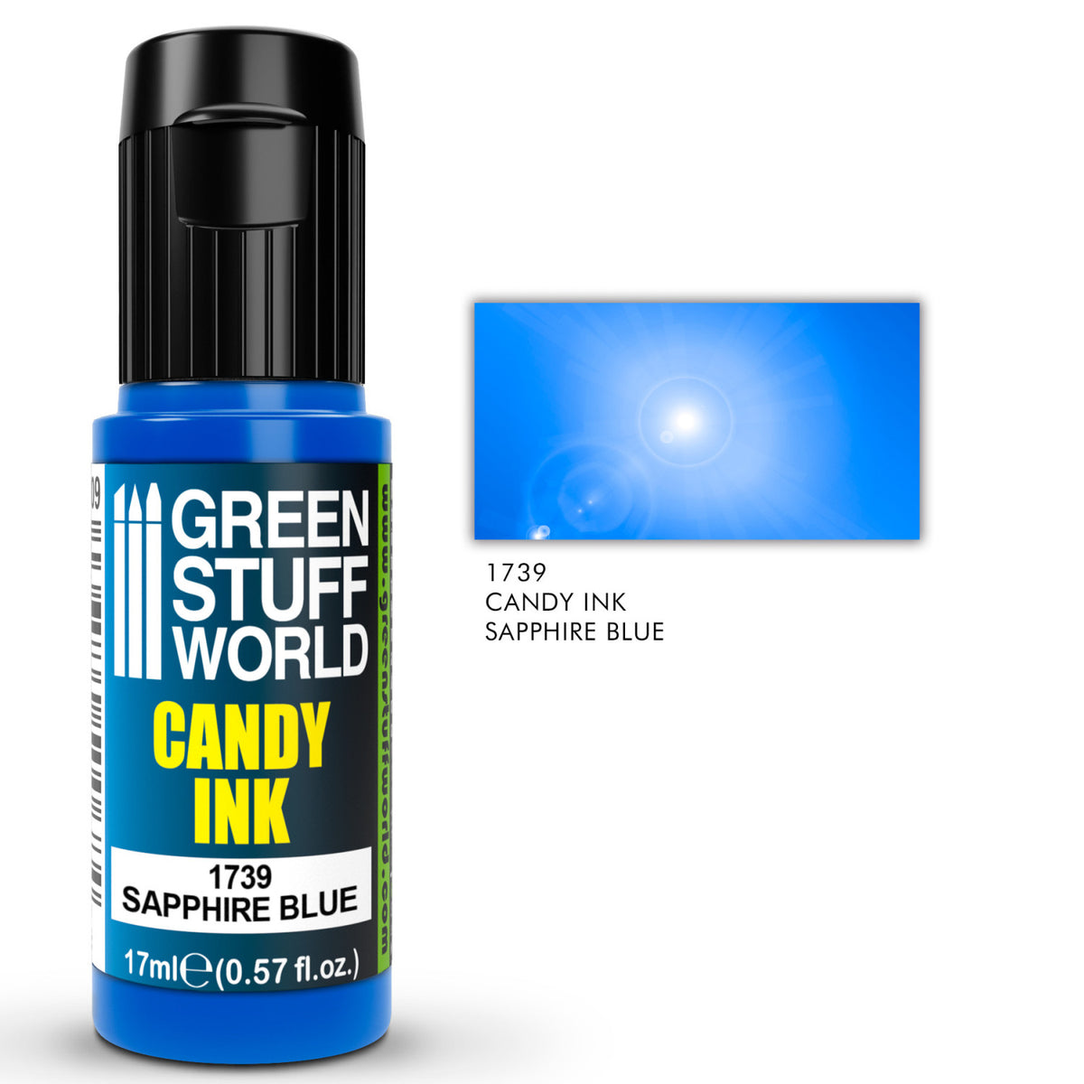 Candy Ink Sapphire Blue Green Stuff World – butelka dropper 17ml z transparentnym tuszem akrylowym w kolorze błękitu szafirowego, obok próbka koloru z efektem połysku gloss i opisem "1739 Candy Ink Sapphire Blue", logo GSW
