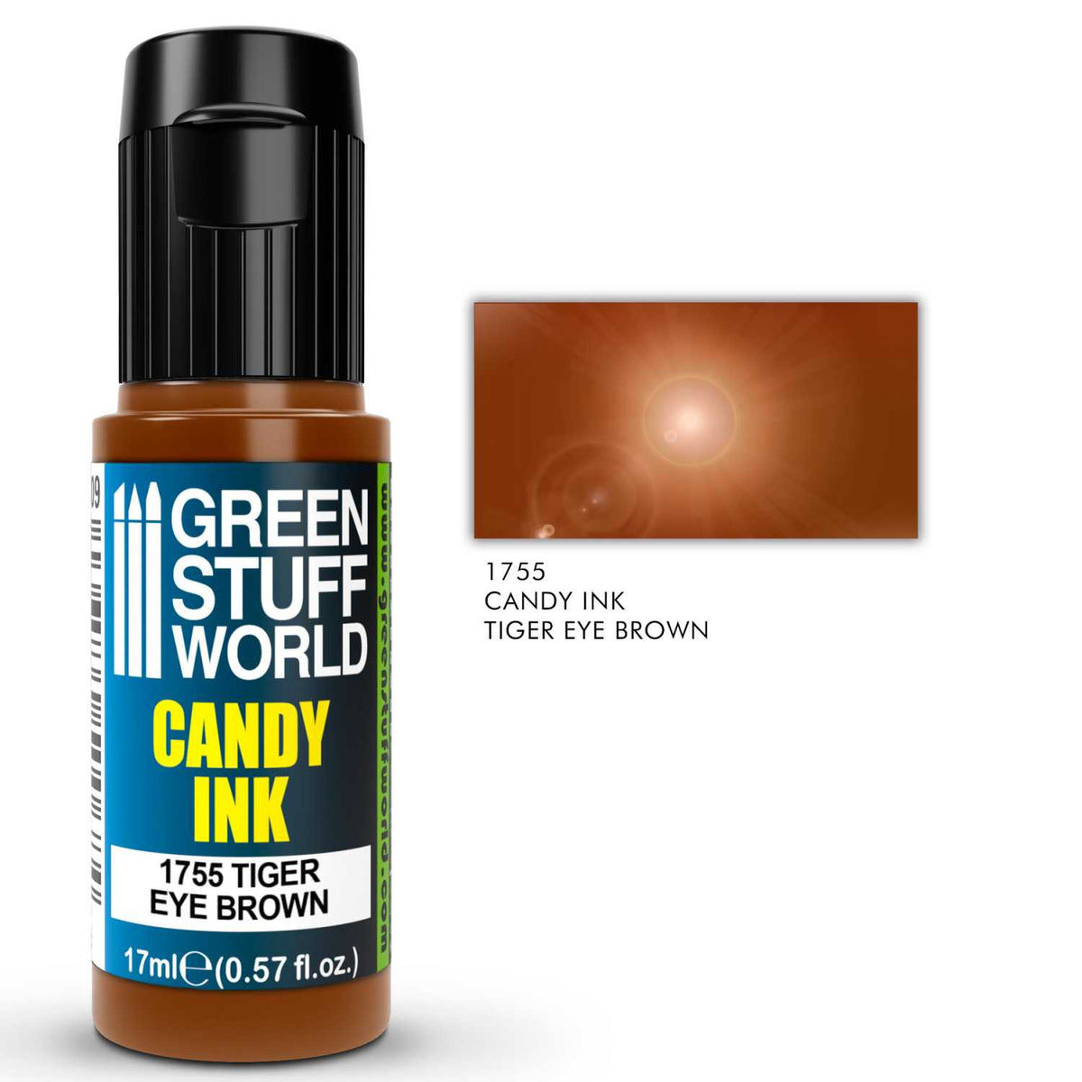 Candy Ink Tiger Eye Brown Green Stuff World – butelka dropper 17ml z transparentnym tuszem akrylowym w kolorze brązu tygrysiego oka, obok próbka koloru z efektem połysku gloss i opisem "1755 Candy Ink Tiger Eye Brown", logo GSW
