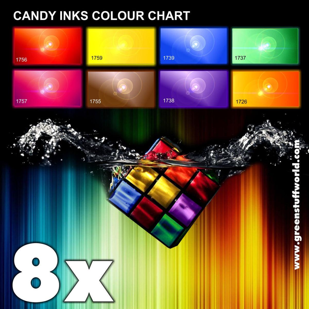 Candy Inks Colour Chart Green Stuff World – karta kolorów 8 tuszu Candy Ink: czerwony (1756), żółty (1759), niebieski szafirowy (1739), zielony jadeitowy (1737), różowy (1757), brązowy tygrysiego oka (1755), fioletowy ametystowy (1738), pomarańczowy (1726), w tle kostka Rubika z efektem metalicznym zanurzona w wodzie na tęczowym tle, napis "8x", logo GSW
