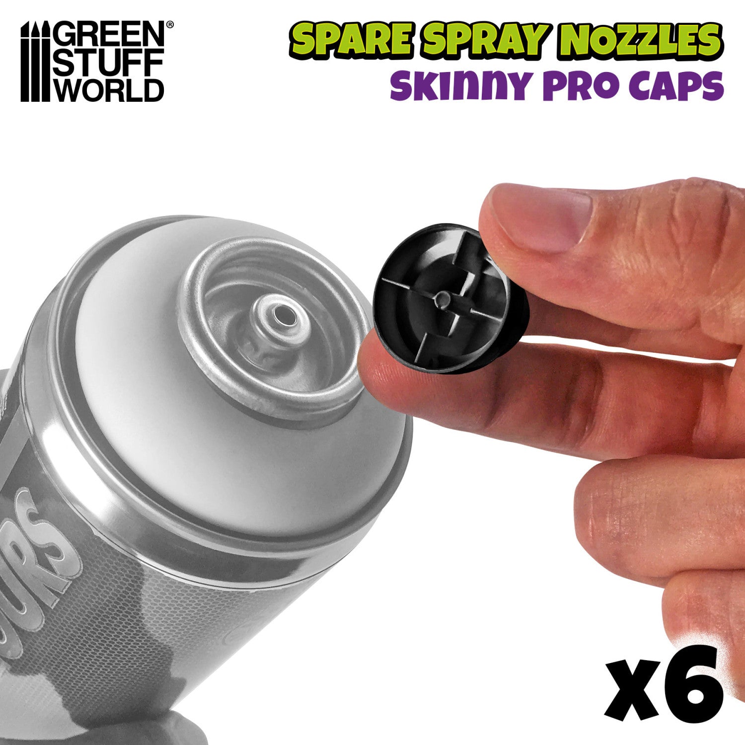 Green Stuff World Skinny Pro Cap – 6 czarnych końcówek spray do puszek farby modelarskiej na białym tle
