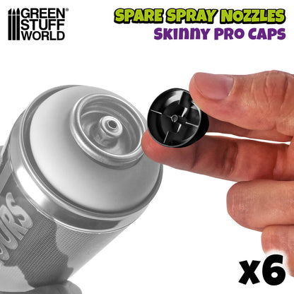 Green Stuff World Skinny Pro Cap – 6 czarnych końcówek spray do puszek farby modelarskiej na białym tle
