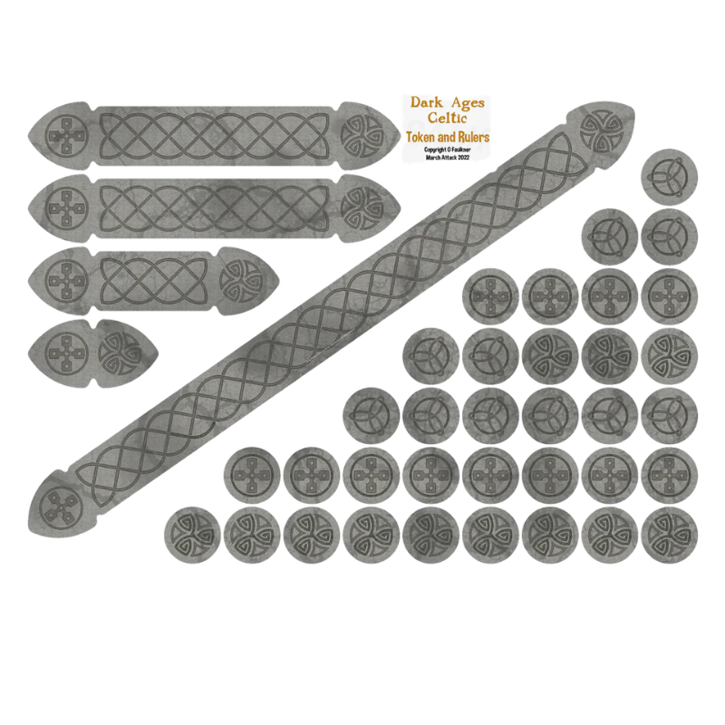 Dark Ages Celtic Token & Ruler Set SAG009 – 35 żetonów i 5 miarek MDF Full Colour do gry Saga Sarissa Precision
