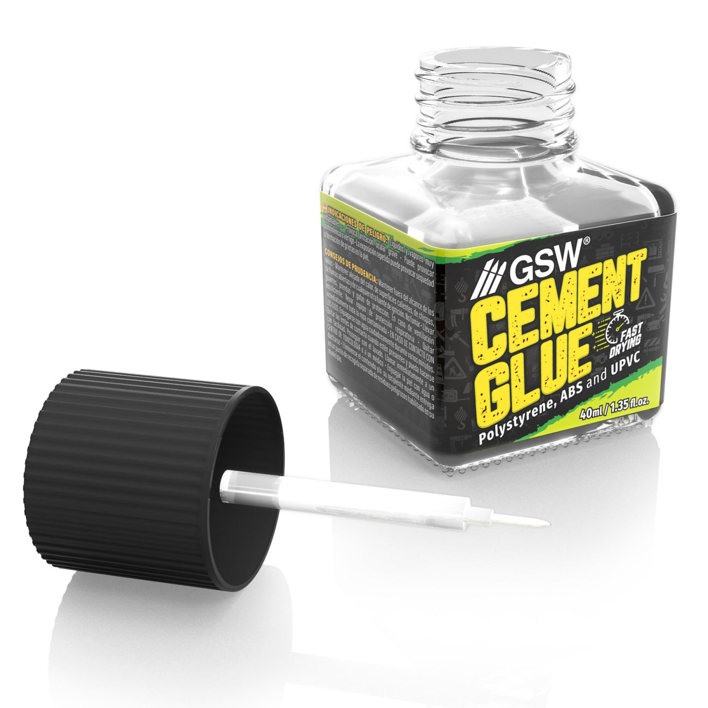 Cement Glue for Plastics GSW 40ml - otwarta szklana butelka z pędzelkiem aplikatorem i etykietą Cement Glue Fast Drying na białym tle