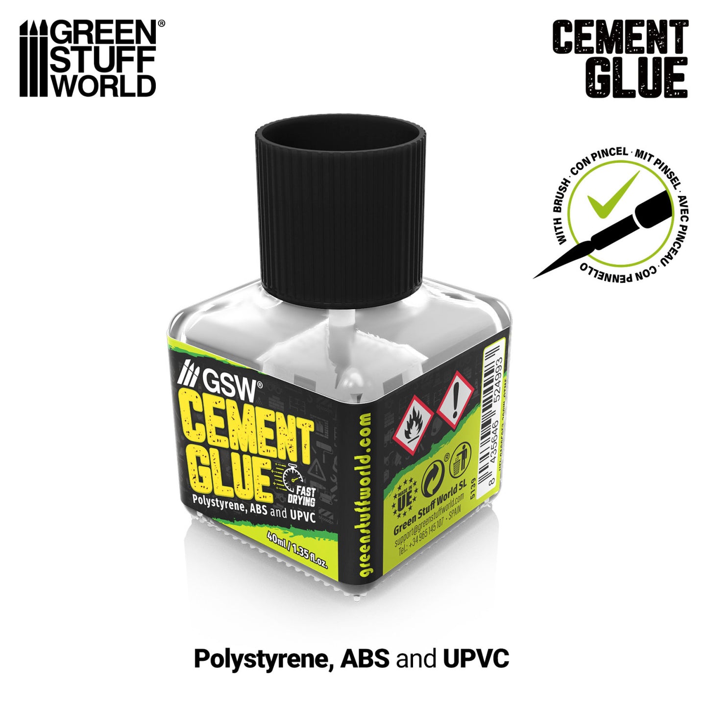 Cement Glue for Plastics GSW 40ml - zamknięta szklana butelka z etykietą Cement Glue i oznaczeniami GHS łatwopalny i drażniący oraz logo Green Stuff World
Zdjęcie 3 (odkręcona nakrętka + pędzelek + ikona With Brush):