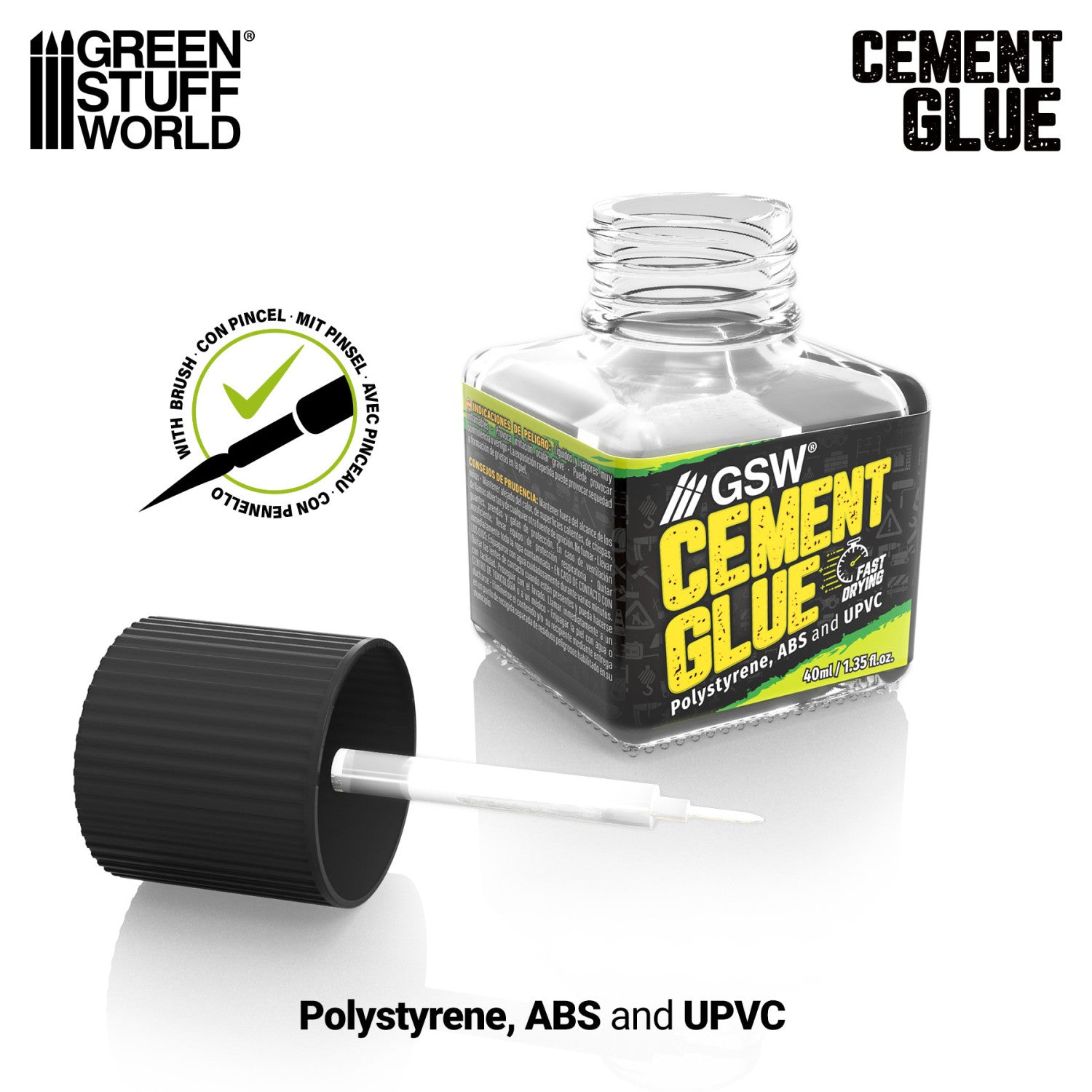 Cement Glue for Plastics GSW 40ml - butelka z odkręconą nakrętką i pędzelkiem aplikatorem z ikoną With Brush i opisem Polystyrene ABS and UPVC