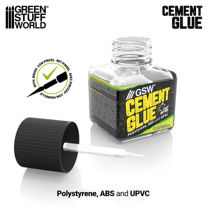 Cement Glue for Plastics GSW 40ml - butelka z odkręconą nakrętką i pędzelkiem aplikatorem z ikoną With Brush i opisem Polystyrene ABS and UPVC