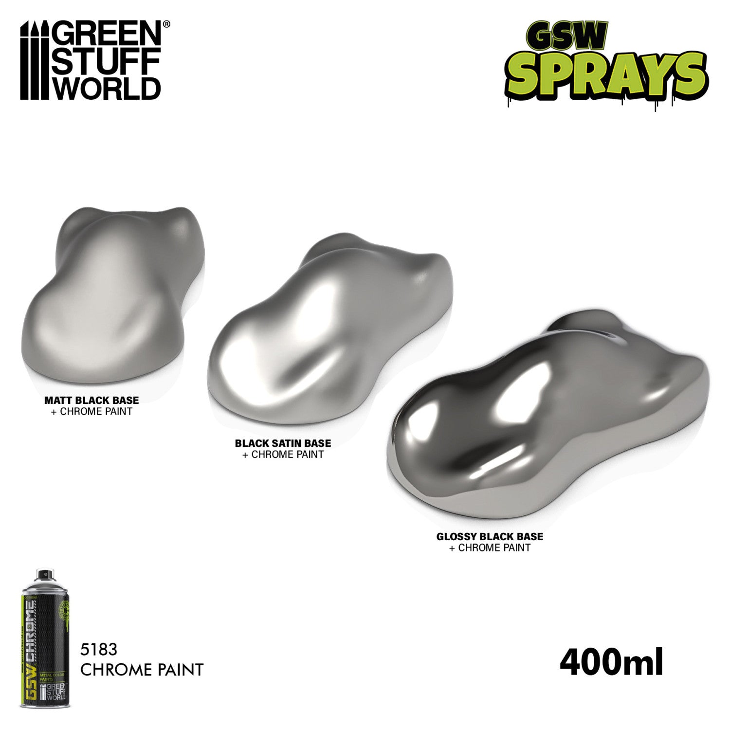 Chrome Spray Paint 400ml Green Stuff World - porównanie efektów na matowej, satynowej i błyszczącej czarnej bazie