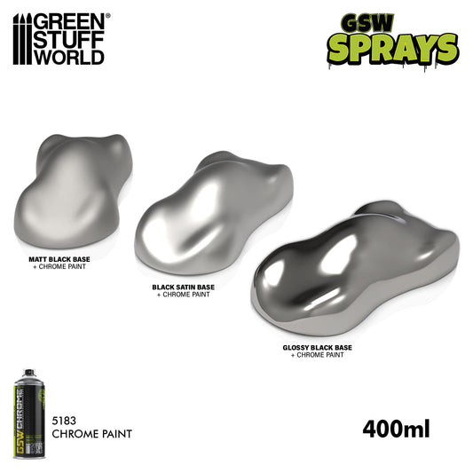 Chrome Spray Paint 400ml Green Stuff World - porównanie efektów na matowej, satynowej i błyszczącej czarnej bazie