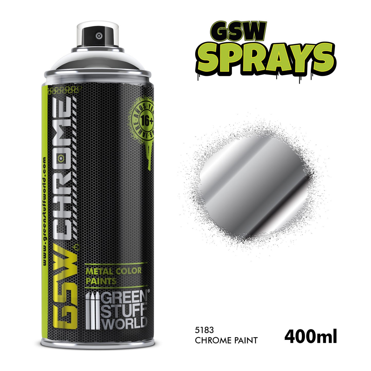Chrome Spray Paint 400ml Green Stuff World - puszka aerozolowa z próbką efektu chromu lustrzanego