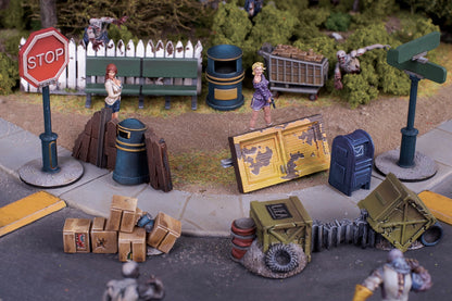 Terrain Crate City Accessories Mantic Games – scena miejska z figurkami, 48 elementów plastik 28mm
