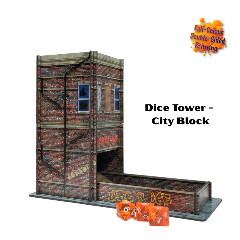 Dice Tower City Block DT02 – wieża do kości MDF z dekoracją miejskiej kamienicy z graffiti Sarissa Precision
