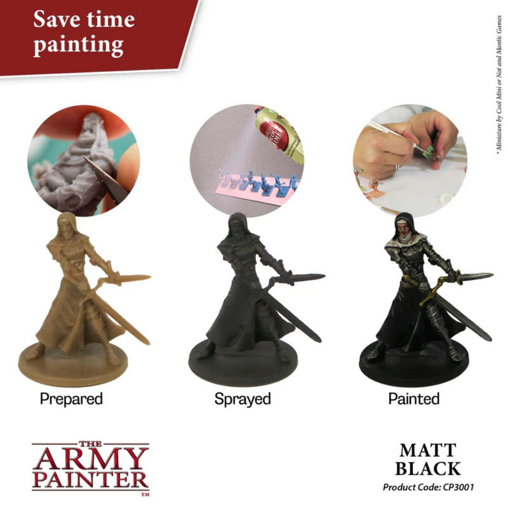 The Army Painter Colour Primer Matt Black CP3001S – trzy etapy malowania figurki: przygotowanie, gruntowanie sprayem, pomalowana miniaturka