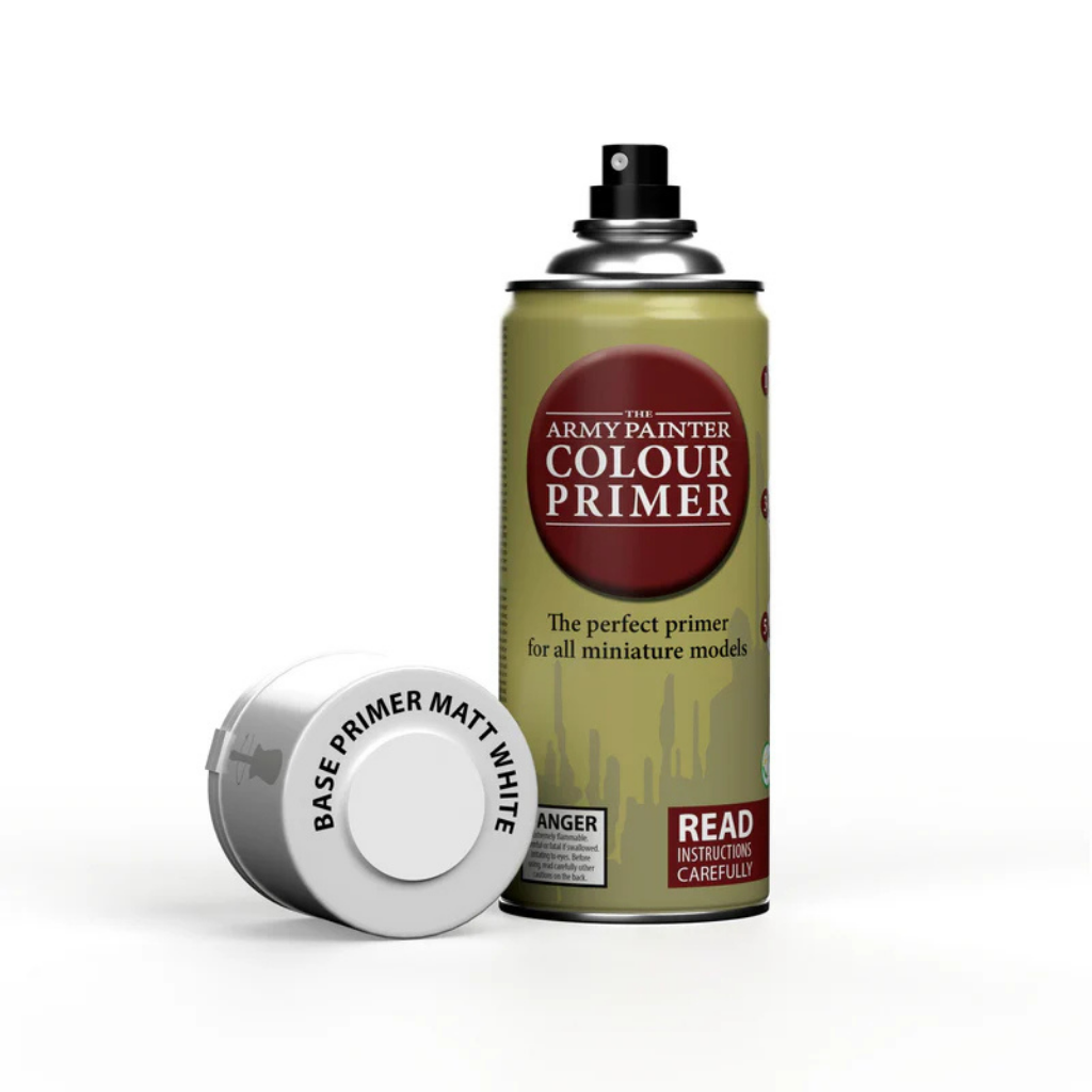 The Army Painter Colour Primer Matt White CP3002S – puszka 400ml z białym kapturkiem Base Primer Matt White, widok produktu na białym tle
