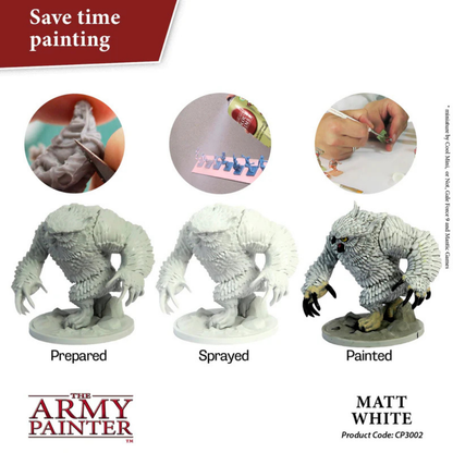 The Army Painter Colour Primer Matt White CP3002S – figurka przed i po gruntowaniu białym sprajem, etap Prepared / Sprayed / Painted

