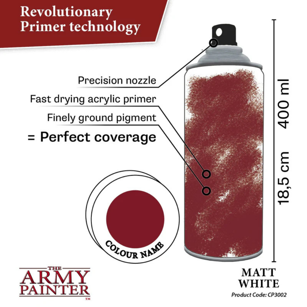 The Army Painter Colour Primer Matt White CP3002S – schemat budowy sprayu: precyzyjna dysza, szybkoschnący akryl, drobny pigment, puszka 400ml 18,5cm
