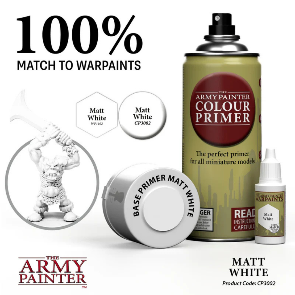 The Army Painter Colour Primer Matt White CP3002S – 100% match z Warpaint Matt White WP1102, puszka z kapturkiem i butelka Warpaint obok figurki
