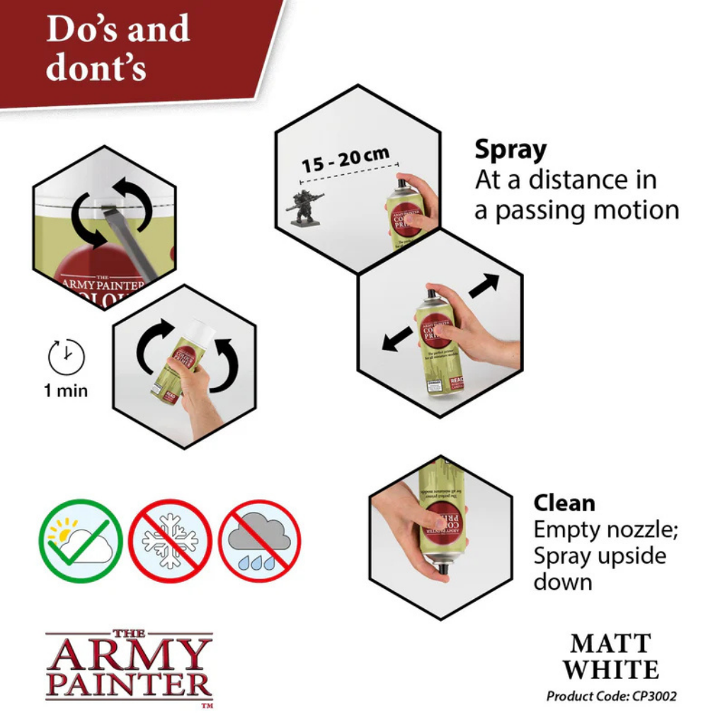 The Army Painter Colour Primer Matt White CP3002S – instrukcja użycia: wstrząsaj 1 min, spray z 15-20cm ruchem przesuwnym, czyść dyszę odwracając puszkę
