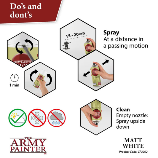 The Army Painter Colour Primer Matt White CP3002S – instrukcja użycia: wstrząsaj 1 min, spray z 15-20cm ruchem przesuwnym, czyść dyszę odwracając puszkę
