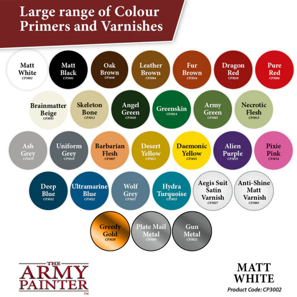 The Army Painter Colour Primer Matt White CP3002S – pełna paleta Colour Primers i Varnishes, 24 kolory dopasowane do Warpaints
