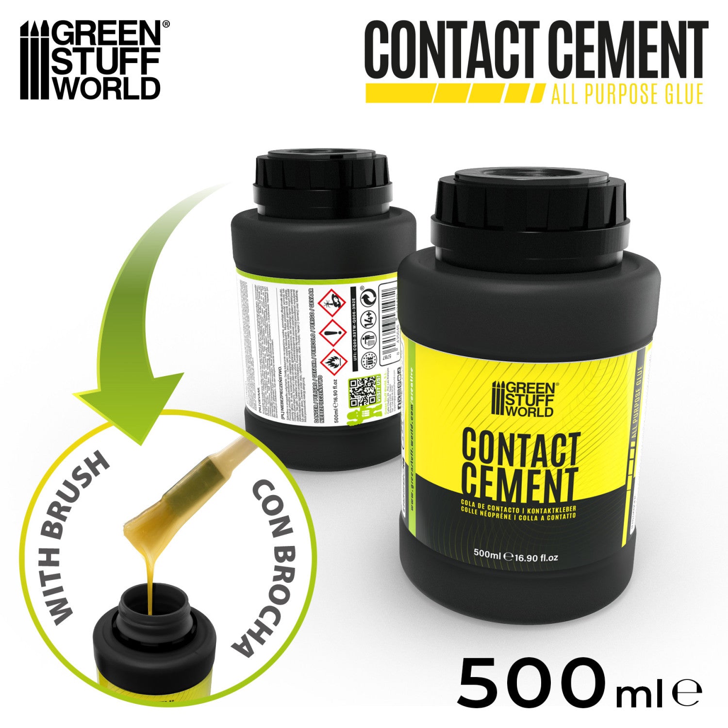ontact Cement 500ml Green Stuff World - All Purpose Glue z aplikatorem pędzelkowym, dwie butelki i zbliżenie na pędzelek
Otwarta butelka: