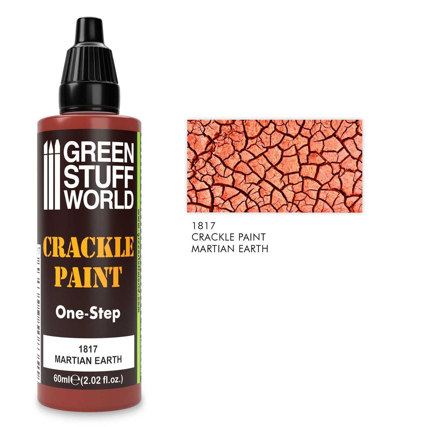 Crackle Paint Martian Earth 1817 60ml - butelka farby pękającej Green Stuff World w kolorze marsjańskiej czerwieni, widok z przodu z próbką efektu

