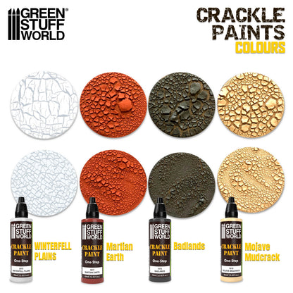 Crackle Paint Green Stuff World - porównanie kolorów serii: Winterfell Plains, Martian Earth, Badlands, Mojave Mudcrack na bazach figurek
