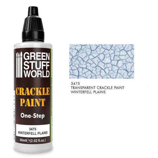Crackle Paint Winterfell Plains 3475 60ml - butelka transparentnej farby pękającej Green Stuff World z próbką efektu spękanego lodu, widok z przodu
