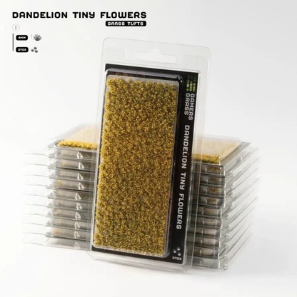 Gamers Grass Dandelion Tiny Flowers 4mm – widok ogólny arkusza samoprzylepnych kępek kwiatowych do modelarstwa i dioram