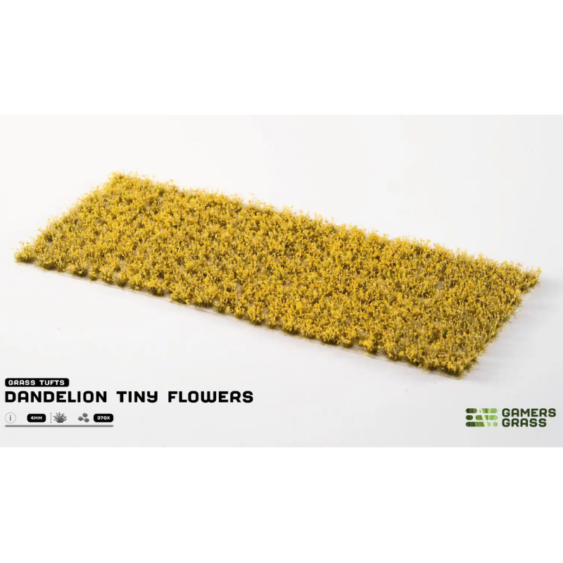 Gamers Grass Dandelion Tiny Flowers 4mm – zbliżenie na kępki kwiatków, detal tekstury i koloru do podstawek figurek